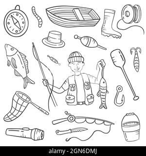 métiers de pêcheur ou profession doodle main dessinés ensembles collections avec dessin vectoriel de style noir et blanc Banque D'Images