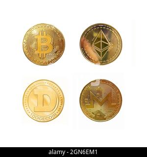 Pièces de crypto populaires isolées sur fond blanc Banque D'Images
