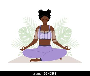 Respiration abdominale. Femme africaine pratiquant la respiration du ventre pour la détente. Exercice de yoga de sensibilisation à la respiration. Méditation pour le corps, l'esprit et les émotions Illustration de Vecteur