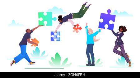 mélangez l'équipe de gens d'affaires de course en mettant des pièces de puzzle ensemble le problème concept de travail d'équipe de solution Illustration de Vecteur