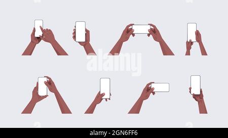 ensemble de mains humaines afro-américaines tenant des smartphones avec écran tactile vierge en utilisant le concept de téléphones mobiles Illustration de Vecteur