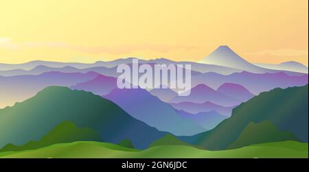 Collines vertes et colorées dans le brouillard et la lumière du soleil avec la montagne Fuji et le ciel jaune le matin Illustration de Vecteur