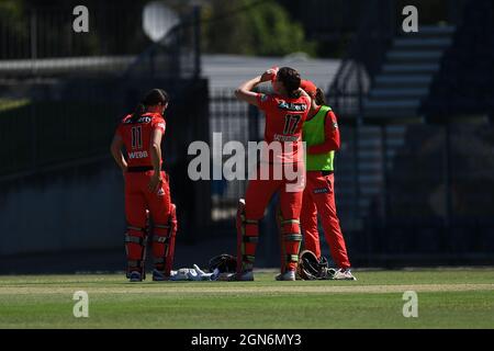 SYDNEY, AUSTRALIE - 03 NOVEMBRE : Amy Satterthwaite des Melbourne Renegades et Courtney Webb des Melbourne Renegades Between over pendant la semaine 2 match de cricket de la Ligue des Big Bash féminin entre Hobart Hurricanes et Melbourne Renegades le 03 novembre 2020 à Blacktown ISP, en Australie. Crédit : Steven Markham/Speed Media/Alay Live News Banque D'Images