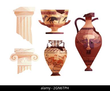 Vases anciens brisés et colonnes grecques. Ancien pilier romain. Pot archéologique en céramique. Illustration de Vecteur