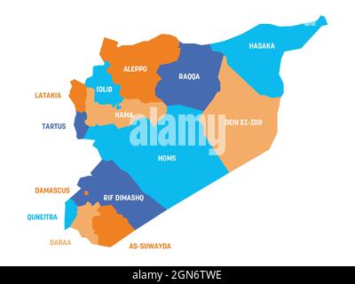 Carte politique colorée de la Syrie. Divisions administratives - gouvernorats. Carte vectorielle plate simple avec étiquettes. Illustration de Vecteur