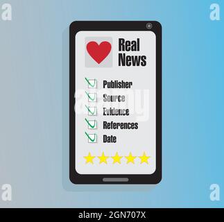 Mobile avec cœur et texte Real News. Liste avec quoi vérifier pour ne pas avoir à faire défaut dans les fausses nouvelles. Illustration vectorielle. EPS10. Illustration de Vecteur