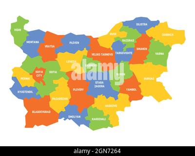 Carte politique colorée de la Bulgarie. Divisions administratives - provinces. Carte vectorielle plate simple avec étiquettes. Illustration de Vecteur