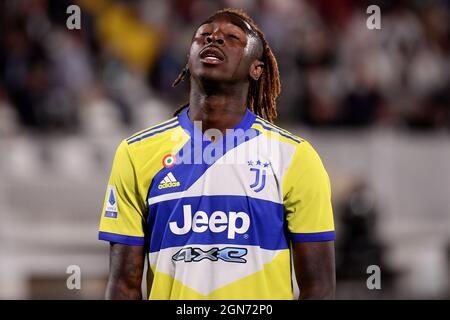 Moise Kean de Juventus FC réagit pendant la série Un match de football entre Spezia Calcio et Juventus FC au stade Alberto Picco de la Spezia (Italie), le 22 septembre 2021. Photo Federico Tardito / Insidefoto Banque D'Images