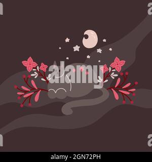 Joli chat endormi avec étoiles, lune et fleur sur les branches. Illustration plate délicate d'un animal de compagnie rêvant avec un motif floral sur fond sombre. Vect Illustration de Vecteur