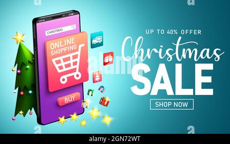 Noël vente en ligne vecteur bannière conception. Texte des soldes de Noël avec application d'achat mobile en ligne pour les publicités promotionnelles de la boutique virtuelle de Noël. Illustration de Vecteur