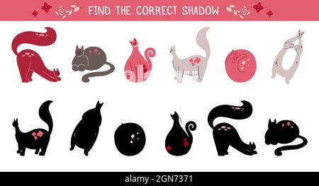 Trouvez l'ombre correcte pour les chatons. Divertissement éducatif pour les enfants. Trouver la silhouette adaptée aux objets. Chats plats dessinés à la main. Modèle vectoriel pour preschoo Illustration de Vecteur