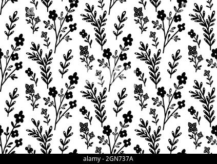 Motif monochrome sans couture avec fleurs et branches noires sur fond blanc. Silhouettes de tiges avec fleurs et feuillage. Texte floral vectoriel Illustration de Vecteur