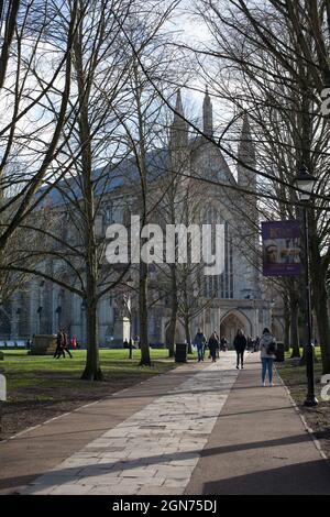 Les gens qui se promènent dans le parc de la cathédrale de Winchester pendant l'hiver à Winchester, au Royaume-Uni Banque D'Images