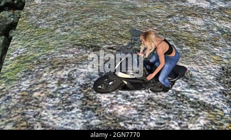 Vue d'angle illustration 3d d'une femme en plein air faisant une roue sur une moto au sommet d'un gros rocher. Banque D'Images