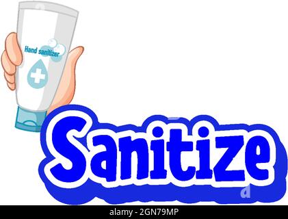 Désinfectez la police de caractères de style dessin animé avec l'illustration de gel d'alcool tenant la main Illustration de Vecteur
