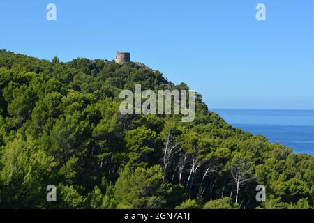 Torre Picada au-dessus du Port de Soller sur le sentier de randonnée le long de la côte à travers les oliveraies sinueuses vers l'île de sa Illeta Banque D'Images