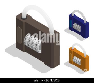jeu de cadenas fermés isométriques avec combinaison de mots de passe pour une protection renforcée. Vecteur 3D réaliste isolé sur fond blanc Illustration de Vecteur