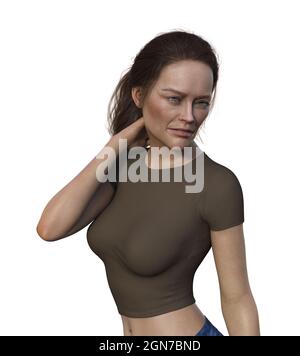 illustration 3d d'une femme avec douleur au cou sur fond blanc. Banque D'Images