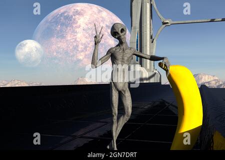 illustration 3d d'un étranger gris qui se présente avec un signe de paix tout en s'appuyant sur une très grande banane dans un cadre extraterrestre avec des lunes Banque D'Images