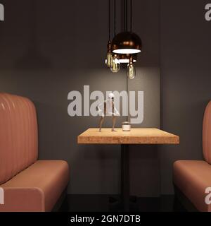illustration 3d d'un petit extraterrestre de taille debout sur une table dans un restaurant dans une cabine de restaurant tout en se croquant dans une posture d'attaque. Banque D'Images