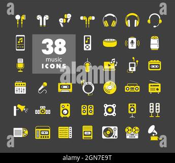 Périphériques multimédia et symboles jeu d'icônes de glyphes. Symbole graphique pour la conception, le logo, l'application, l'interface utilisateur du site Web et des applications audio et musicales Illustration de Vecteur