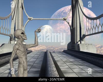 illustration 3d d'un étranger gris penché vers le dos et pointant vers le haut sur une passerelle d'un monde étranger. Banque D'Images