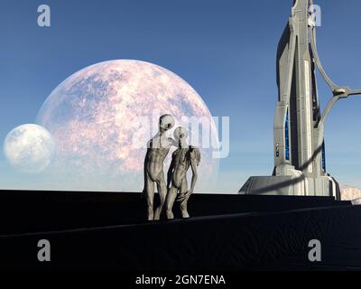 illustration 3d de deux étrangers gris dont l'un a un bras sur l'épaule des autres sur un pont avec une autre planète et une lune en arrière-plan. Banque D'Images