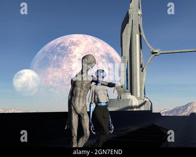 illustration 3d de deux extraterrestres dont l'un a un bras sur l'épaule des autres sur un pont avec une planète et une lune d'un autre monde en arrière-plan. Banque D'Images