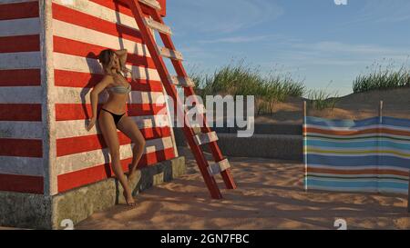 illustration en 3d d'une femme portant un bikini appuyé contre un ancien poste de maître-nageur sous la lumière du matin. Banque D'Images