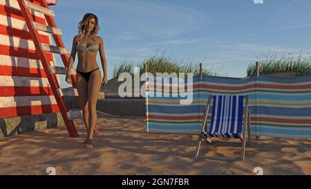 illustration 3d d'une femme portant un bikini marchant devant un ancien poste de maître-nageur dans la lumière du matin. Banque D'Images