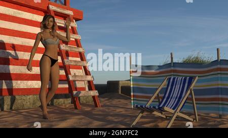illustration en 3d d'une femme portant un bikini qui fait bonjour à côté d'un ancien poste de maître-nageur, sous la lumière du petit matin. Banque D'Images