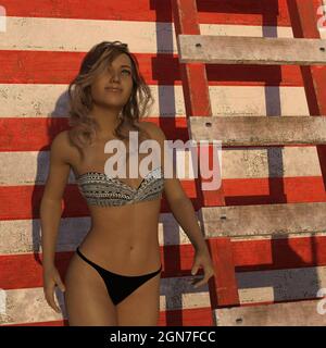 illustration en 3d d'une femme portant un maillot regardant à côté d'un ancien poste de maître-nageur sous la lumière du matin. Banque D'Images