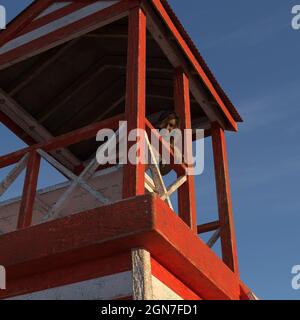 illustration 3d d'une femme portant un bikini regardant depuis la plate-forme d'observation d'un ancien poste de sauveteur, sous la lumière du matin. Banque D'Images