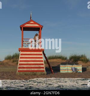 illustration 3d d'une femme portant un bikini en agitant depuis la plate-forme d'observation d'un ancien poste de maître-nageur sous la lumière du matin. Banque D'Images
