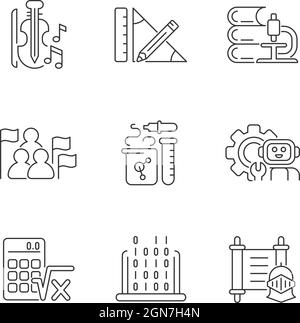 Différents types de sujets d'école linéaires icônes ensemble Illustration de Vecteur