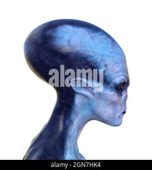 profil d'illustration 3d de la tête et du cou d'un extraterrestre bleu sur fond blanc. Banque D'Images