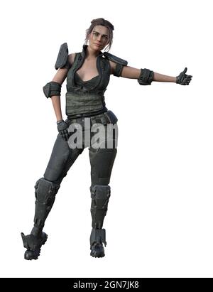 illustration 3d d'une femelle futuriste marchant avec un bras dans un geste de randonnée isolé sur un fond blanc. Banque D'Images