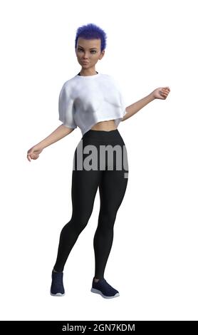 illustration 3d d'une jeune femme avec des cheveux violets pendus en arrière avec les bras sortis isolés sur un fond blanc. Banque D'Images
