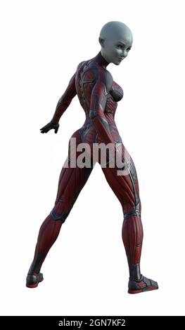 illustration en 3d d'un extraterrestre de type elf pixyish dans une forme rouge costume ajusté souriant alors qu'elle tourne la tête vers l'arrière pour regarder isolé sur un fond blanc. Banque D'Images