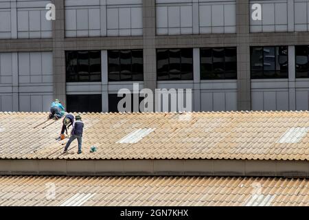 Bangkok, Thaïlande - 13 juin 2020 : trois travailleurs manuels réparent les carreaux sur le toit endommagé de l'usine. Banque D'Images