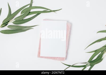 Feuille blanche vierge avec cahier rose moelleux à côté des branches d'eucalyptus vert sur la table, vue du dessus Banque D'Images