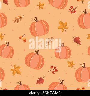 Motif citrouille avec feuilles d'automne.Arrière-plan saisonnier.Illustration vectorielle mignonne Illustration de Vecteur