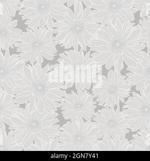 Motif fleuri sans couture de fleurs camomille gris clair avec contour blanc sur fond gris. Imprimé décoratif pour le papier peint, l'emballage, le textile, le tissu de mode ou d'autres couvertures imprimables. Illustration de Vecteur