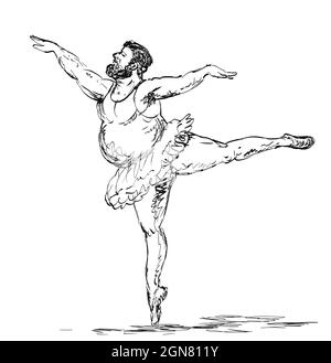 FAT Male Ballerina ou Ballet Dancer avec la barbe de taille basse dans un dessin de posture d'Arabesque Banque D'Images