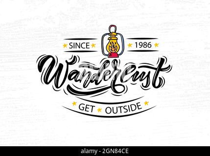 Typographie esquissée à la main. Concept pour le camp de randonnée, le camping, le camp de pêche de nuit, le camp d'été. Logotype, badge, icône Camp d'été Illustration de Vecteur