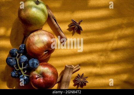 Nourriture d'automne avec espace de copie et ombres à la mode. Photographie créative des fruits : groupe de raisins, pommes, anis étoilé et bâtons de cannelle. Vue de dessus. Vitamines, concept alimentaire sain. Tableau d'humeur d'automne. Banque D'Images