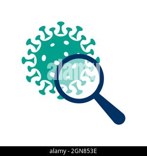 Virus sous loupe, icône de vecteur scientifique. Icône de concept de recherche, d'étude ou d'analyse de laboratoire de maladies. Illustration de Vecteur