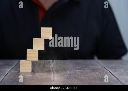 Une maquette de quatre cubes de blocs de bois vierges disposés comme des étapes menant vers le haut avec un humain en arrière-plan Banque D'Images