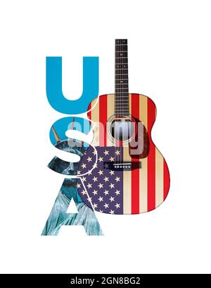 Les arts de la scène à New York Etats-Unis d'Amérique , la Statue de la liberté , Star Spangled Banner et Acoustic Guitar sur fond blanc Banque D'Images