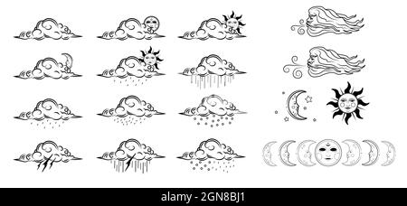 Ensemble vectoriel des icônes météo vintage avec contour des phases lunaires Illustration de Vecteur